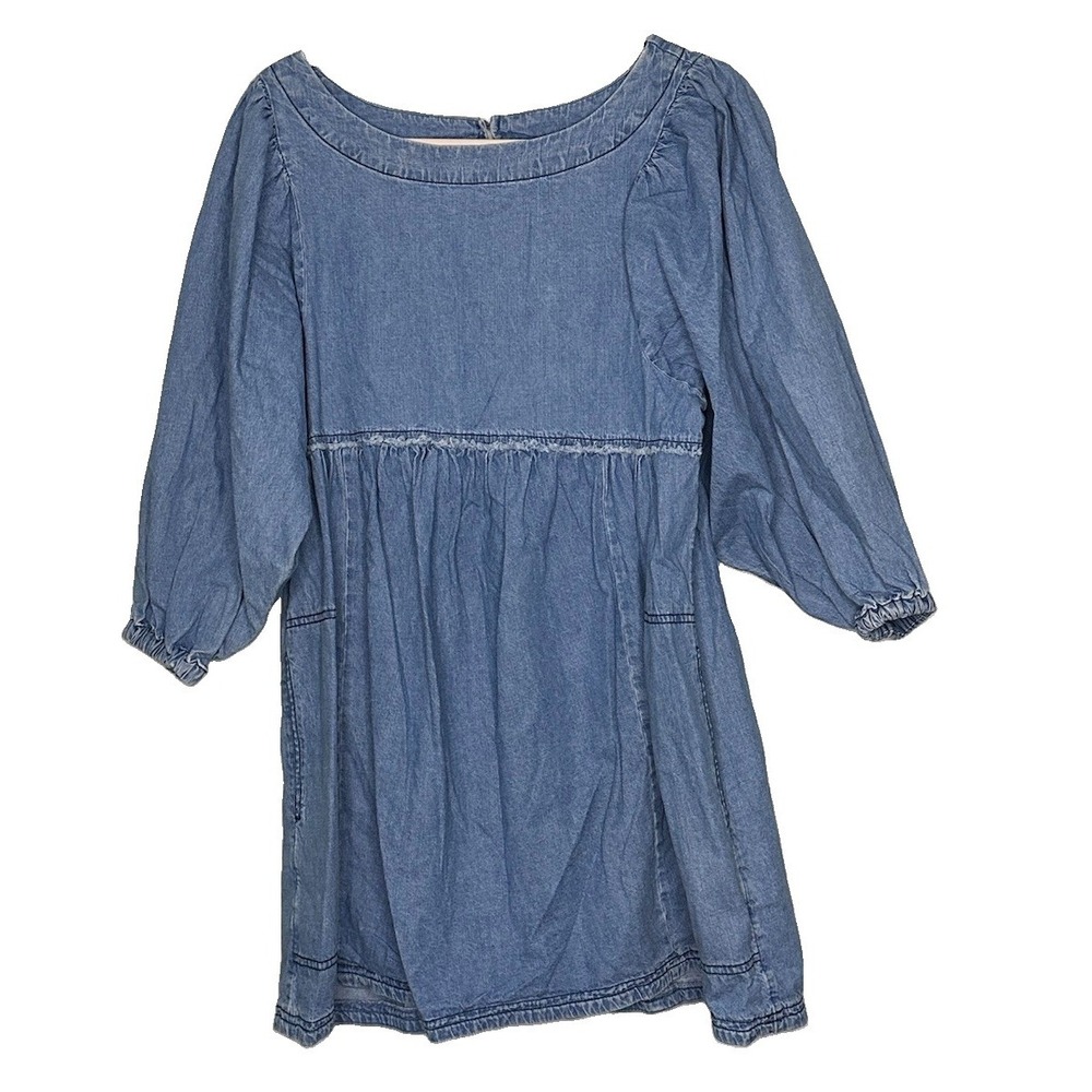 Free People Get Obsessed Babydoll Dress 3/4 Puff Sleeve Women XS Blue Denim Boho